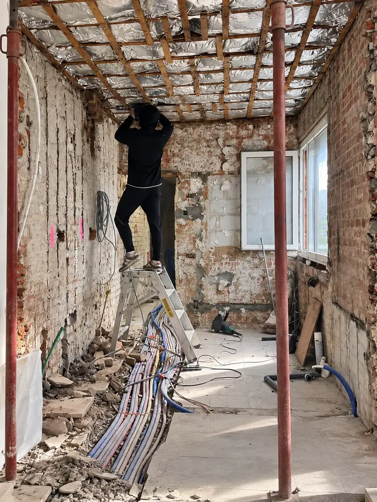 Lorenzo Muratore sur un escabeau, en train de travailler au plafond d'une maison en pleine rénovation